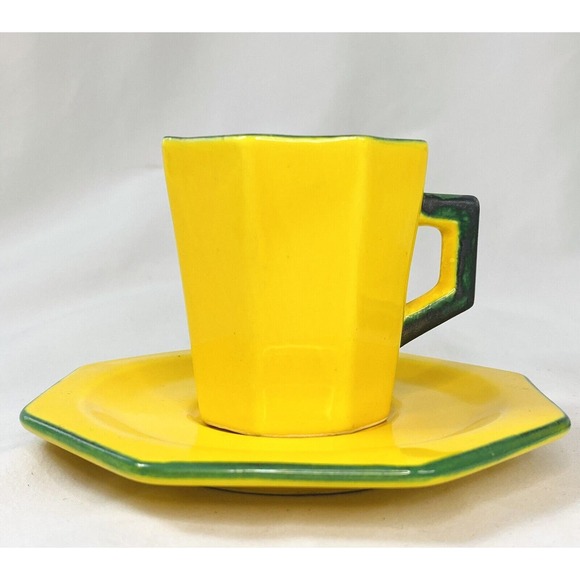 Vtg Les Grottes Dieulefit France Caves Yellowware Espresso Cups Saucers - 3 sets - Picture 3 of 13